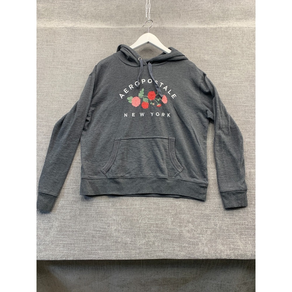 Aeropostale New York Hoodie Womens‎ Large Gray Knit Cotton Floral Embroidered